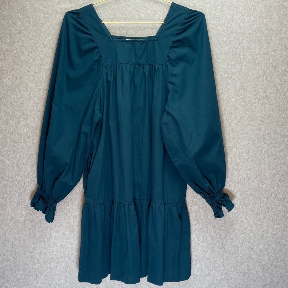 Happy x Nature Cotton Boho Puff Sleeve Square Neck Tiered Ruffle Hem Mini Dress